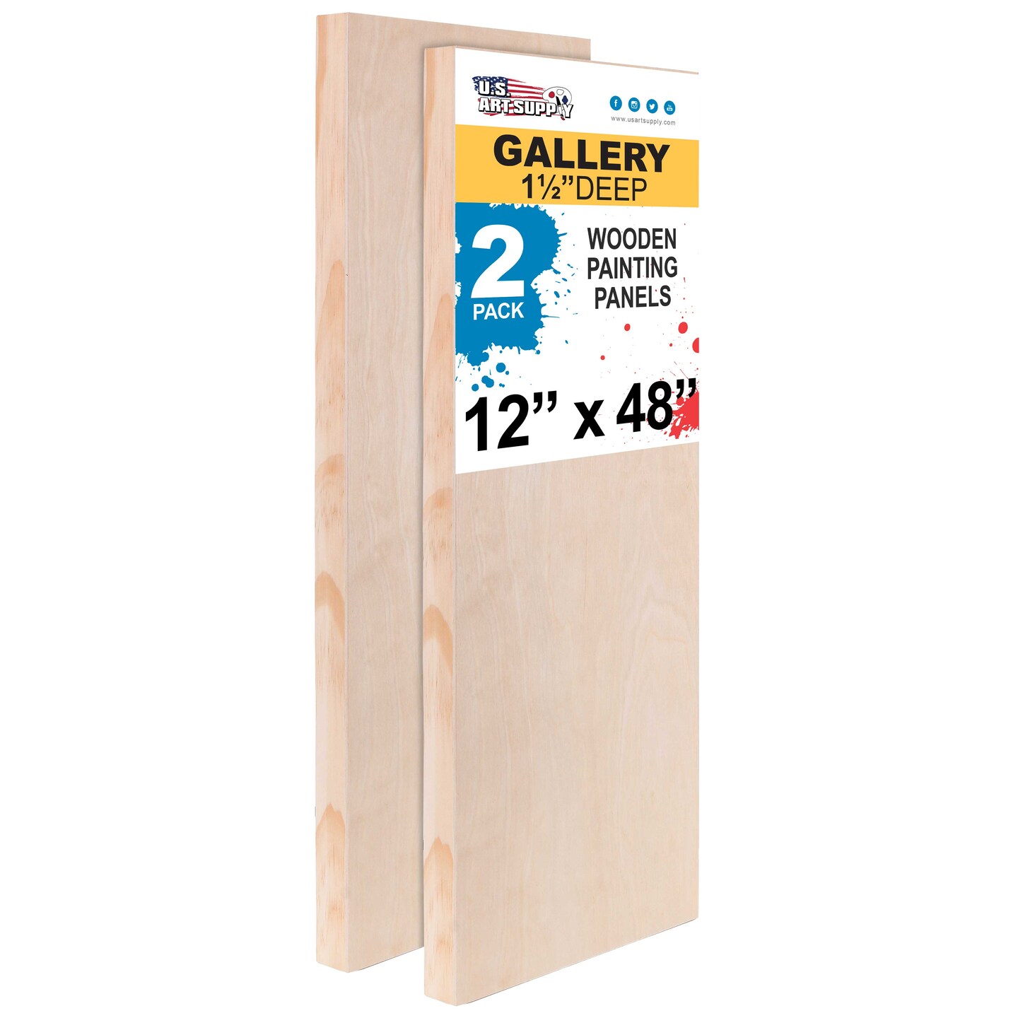 Unfinished Cradled Wood Panels for Painting, 2 Pack of 12x48 inch - Gallery Birch Wooden Canvas Boards 1-1/2&#x22; Deep - Mixed-Media Craft, Acrylic, Oil, Encaustic, Paint Pouring