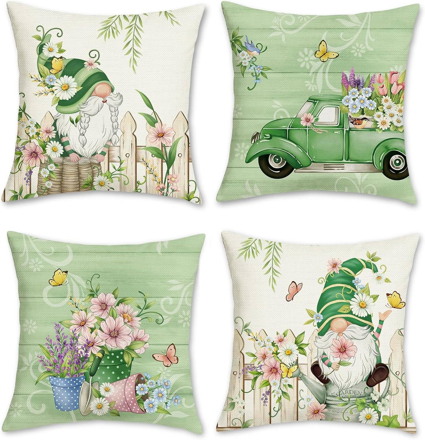 Truck Farmhouse Green Decorative Pillows Polyester Linen Cushion Cases for Couch Sofa Bed Home Decor Set of 4