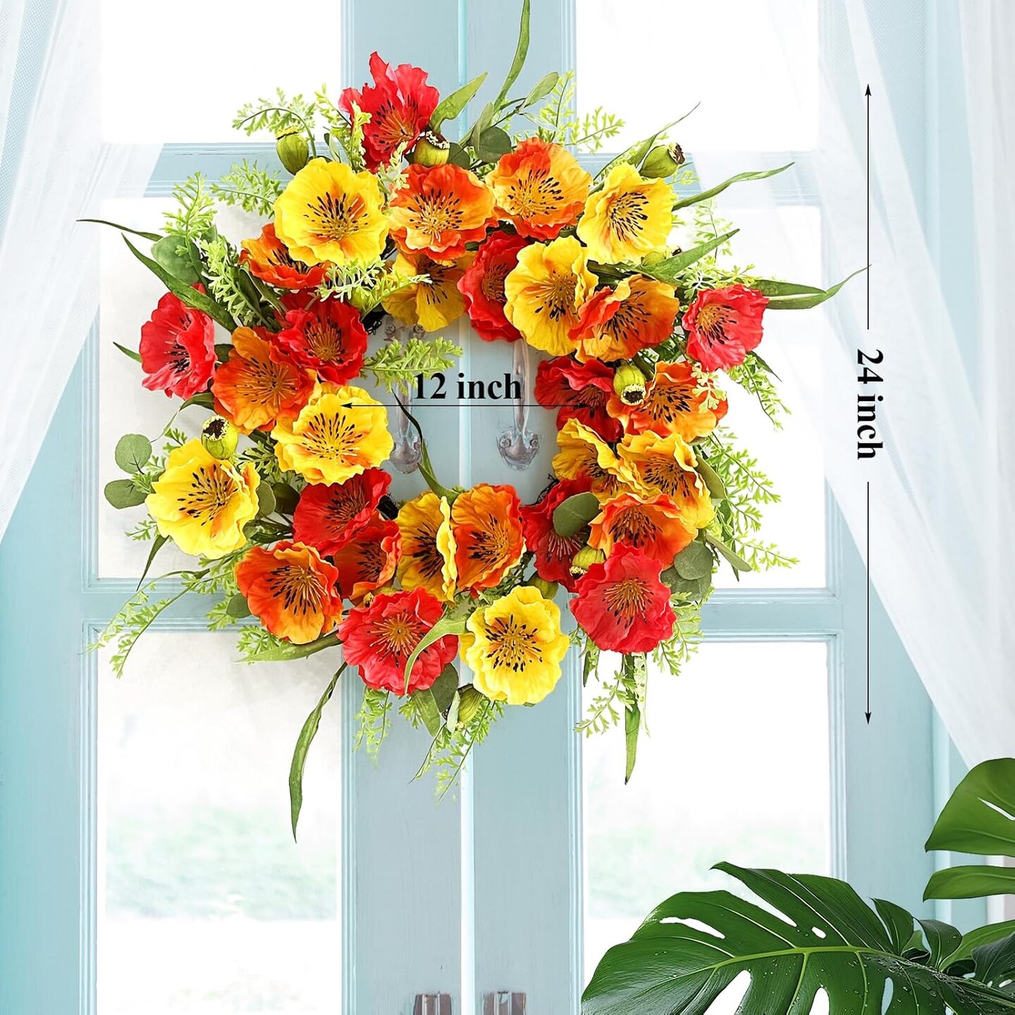 24" Summer Wreath for Front Door with Poppy Flowers & Green Leaves – Bright Floral Wreath for Porch, Outdoor Wall, or Home Decor