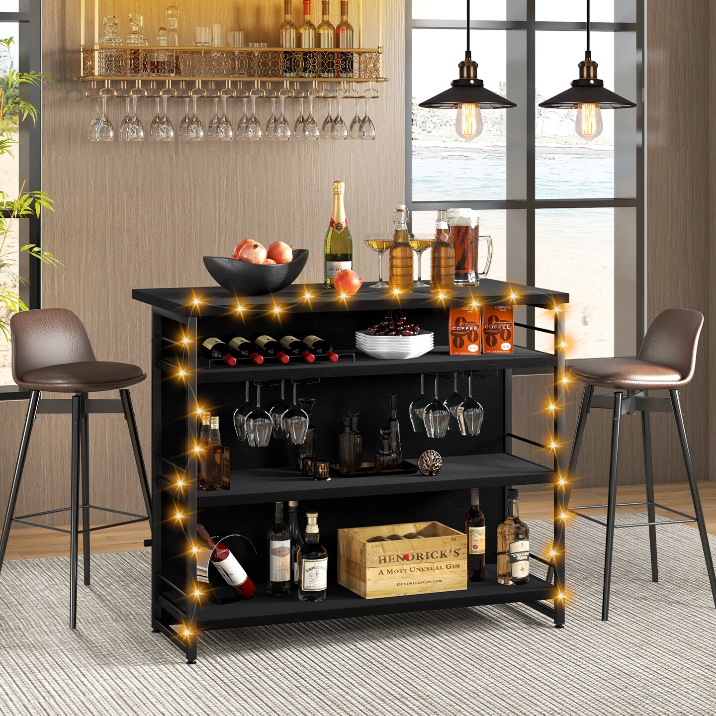 Black 4-Tier Storage Shelf Kitchen Island with 5-Bottle Wine Rack and 4-Row Glass Holders