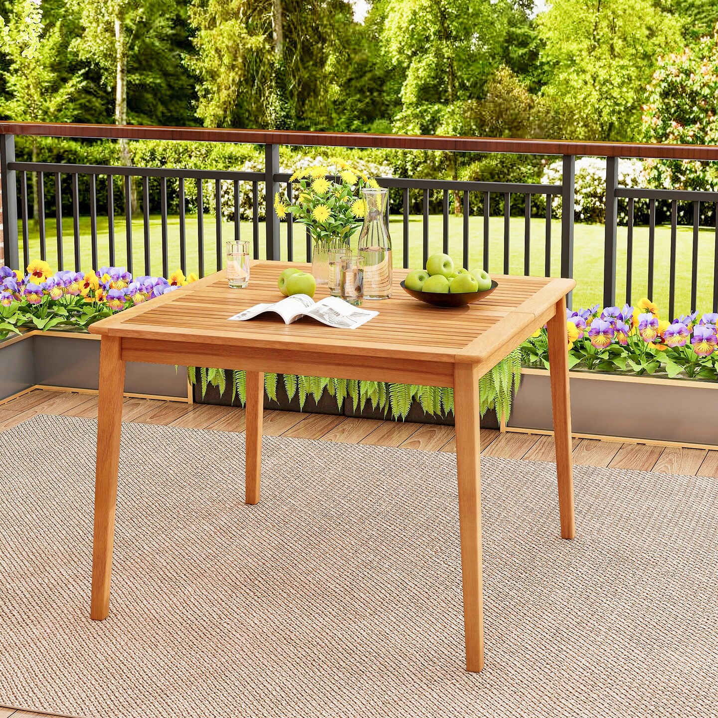 Natural Acacia Wood 4-Person Patio Dining Square Table with Umbrella Hole