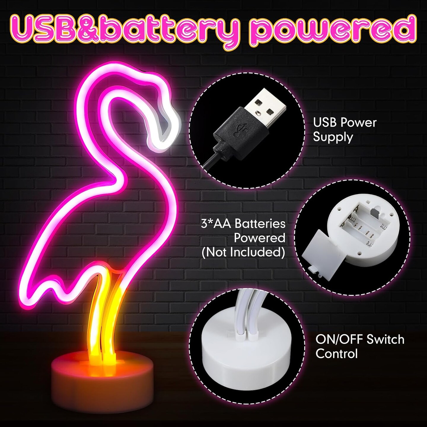 3 Pcs Summer Flamingo Neon Lights &#x2013; Tropical Pink Flamingo LED Tabletop Decor, USB &#x26; Battery Powered, Perfect for Summer Parties, Beach Vibes