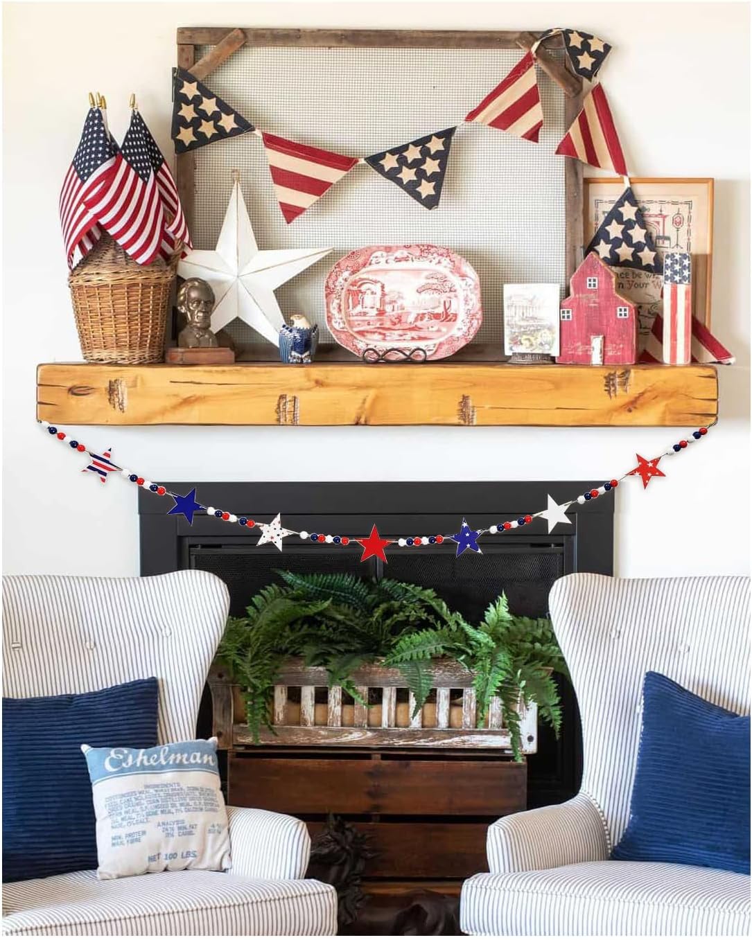 Red White Blue Wood Bead Garland for 4th of July Decorations