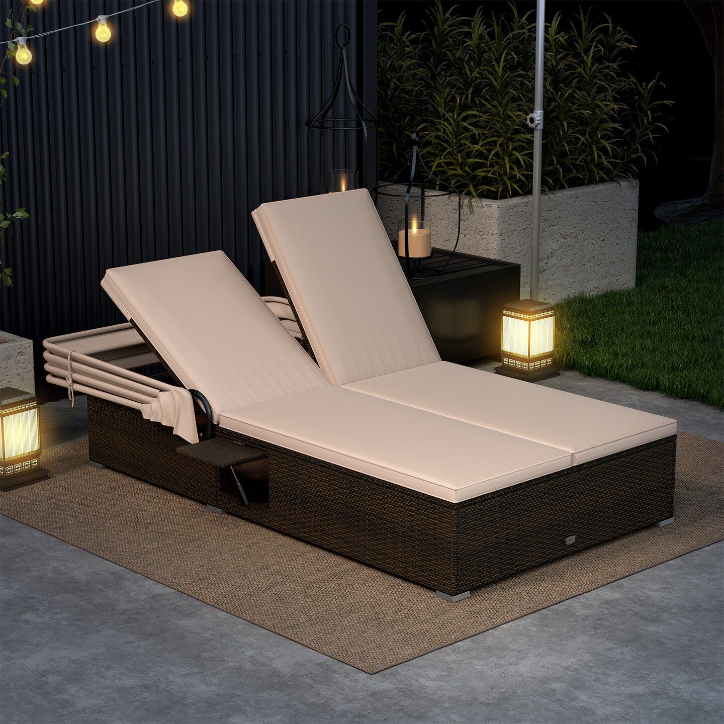 Double Chaise Lounge with Adjustable Backrests, Retractable Canopy & Cushions