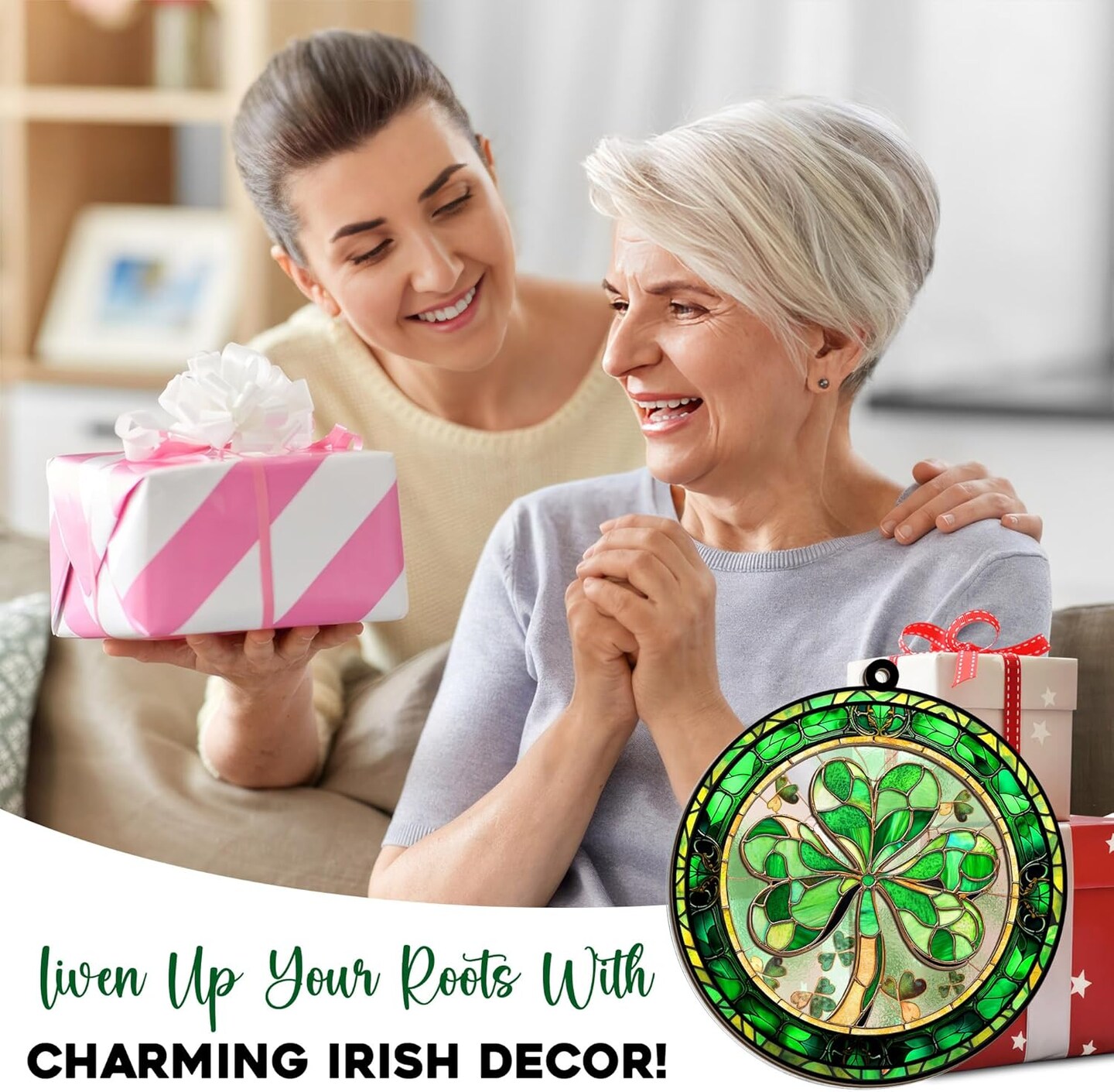 St Patricks Day Decorations - Irish Gifts for Women Men Friends Family, Shamrock Decorations, St Patricks Day Accessories - Double Layered Hanging Suncatcher