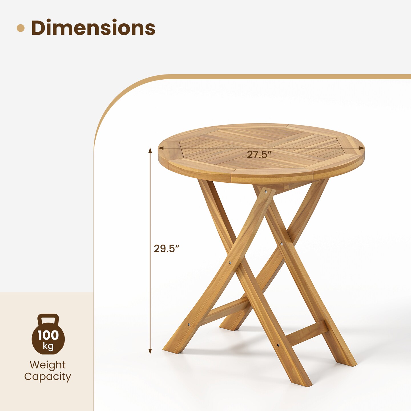 27.5&#x27;&#x27; Natural Teak Wood Outdoor Bistro Table Round Patio Dining Table with Slatted Top