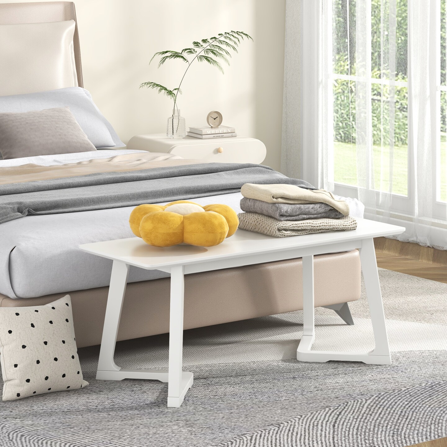42 Inch White Modern Long Dining Bench with Rubber Wood Legs and Triangular Structure