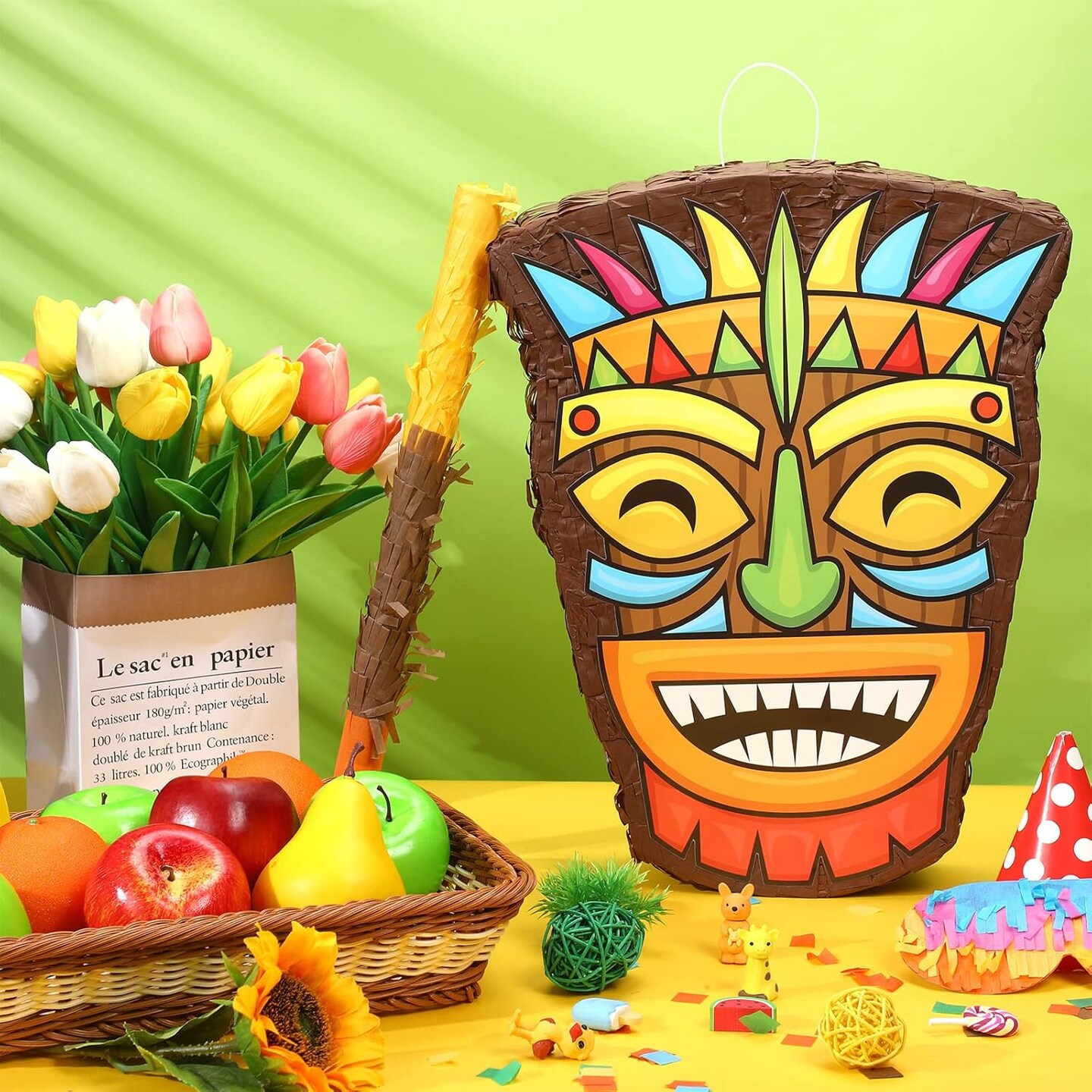 Small Tiki Tropical Hawaii Pi&#xF1;ata with Blindfold Bat Aloha Luau Pi&#xF1;ata