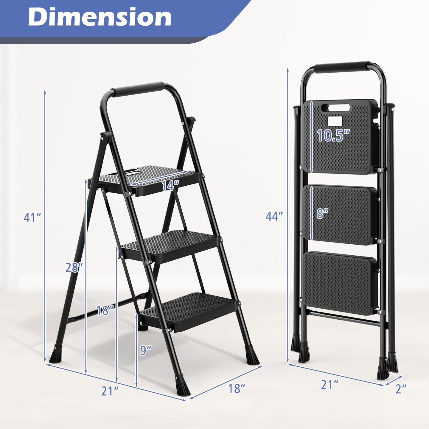 Black Metal Portable Folding 3 Step Ladder with Wide Anti-Slip Pedal and Convenient Handle