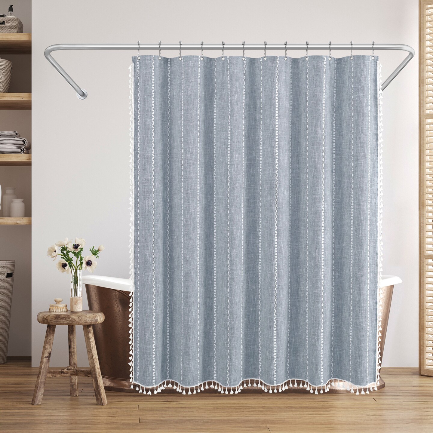 Americanflat 71x71 Woven Linen Shower Curtain with Tassel Accents - Includes 12 Grommets and Hooks - 100% Polyester