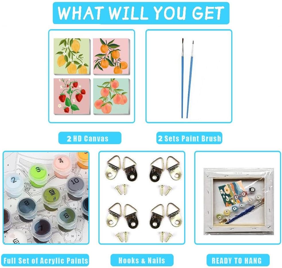 4 Pack Fruits Paint by Numbers Kit for Adults Framed,Easy Acrylic Art Number Painting for Adults Beginners,DIY Adults Paint by Numbers Kit on Canvas for Home Wall Decor,7.8x7.8Inch.