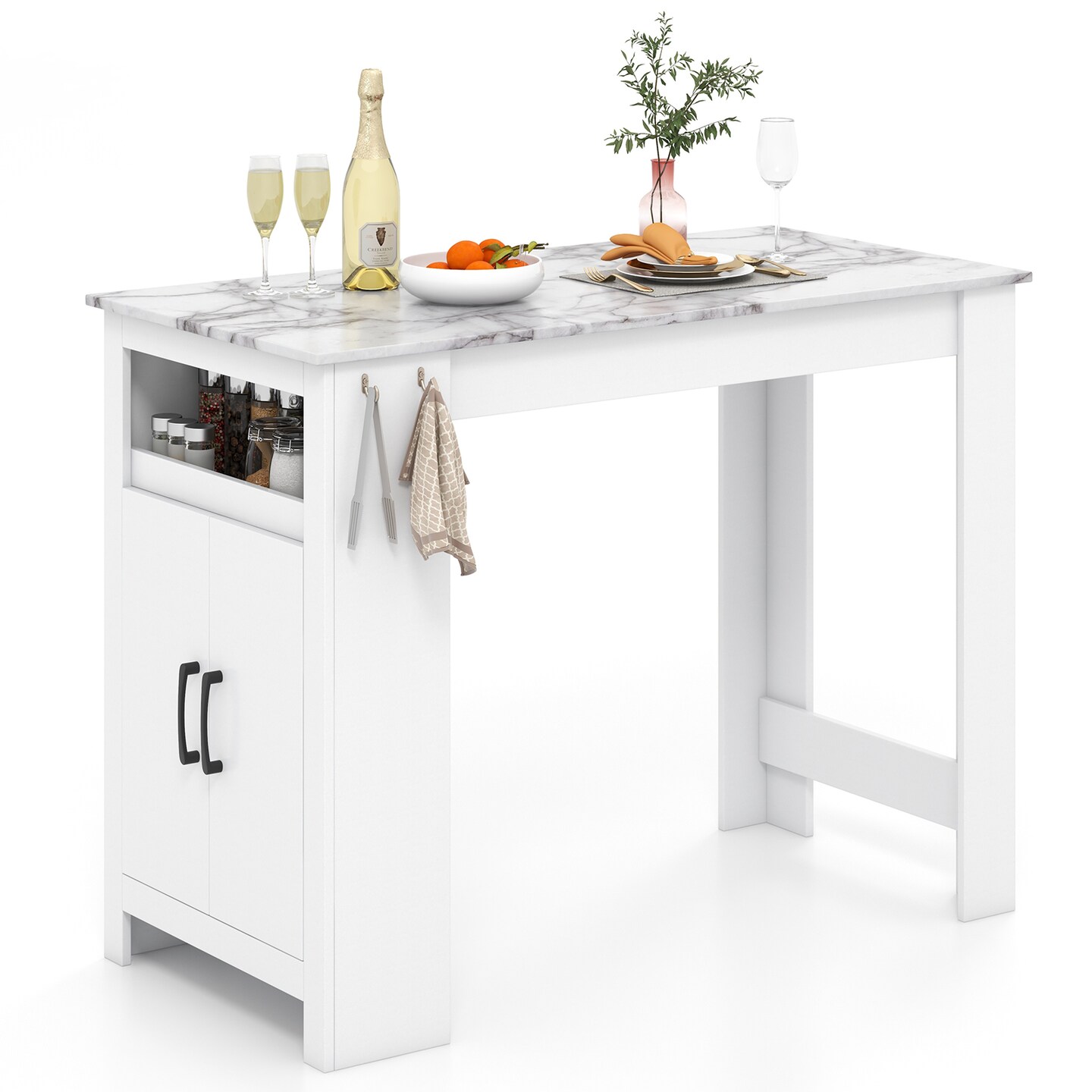 White MDF Bar Table with Faux Marble Top, Adjustable Shelf and Hooks