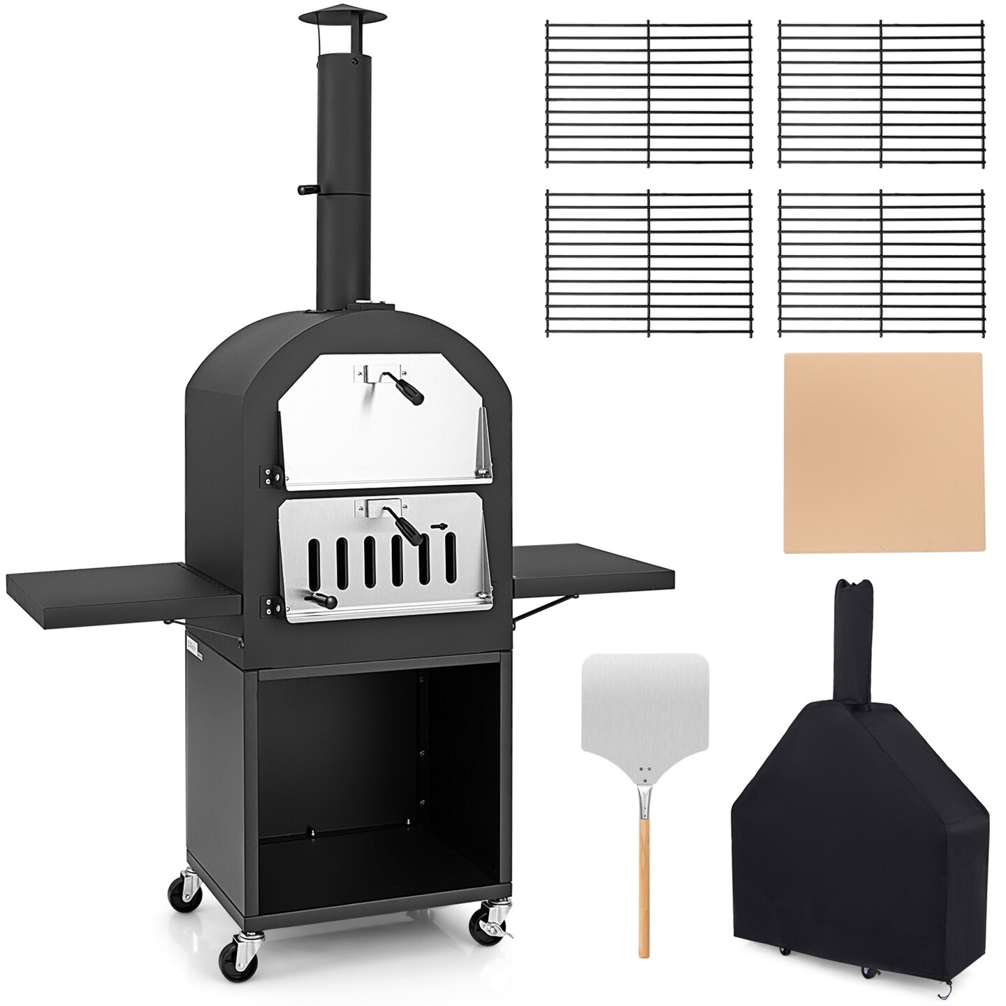 Outdoor Wood-Fired Pizza Oven with Wheels, Thermometer & Accessories