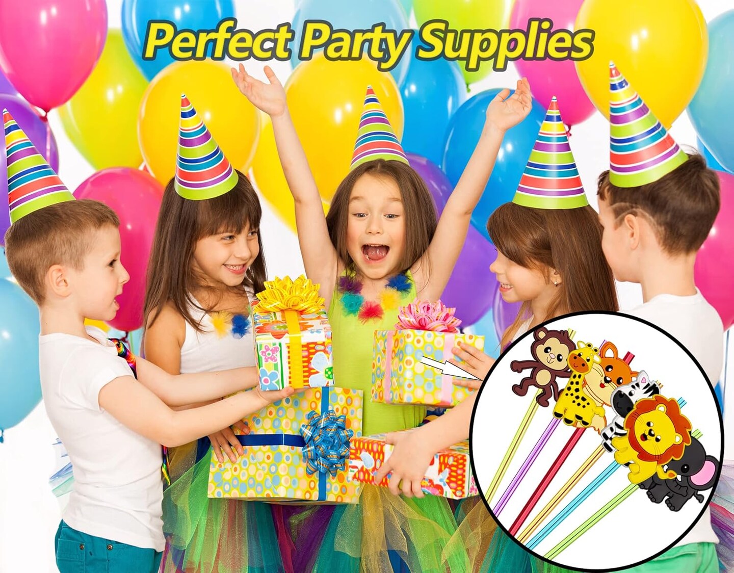 24pcs Reusable Forest Animals Crazy Straws, Drink Cocktail Straws for Lion Fox Zebra Giraffe Safari Birthday Party Supplies Favors, Woodland Party Favors with 2 Cleaning Brushes 6 Colors