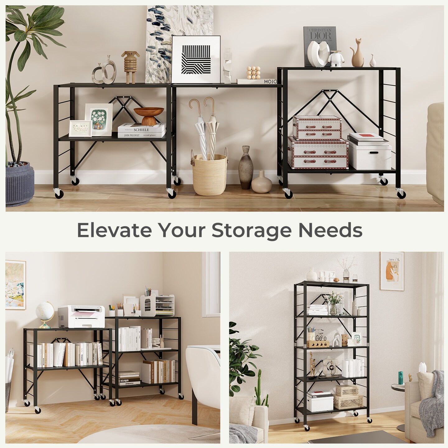 Black Metal Foldable Storage Shelf and Adjustable 5-Tier Shelves with Wheels
