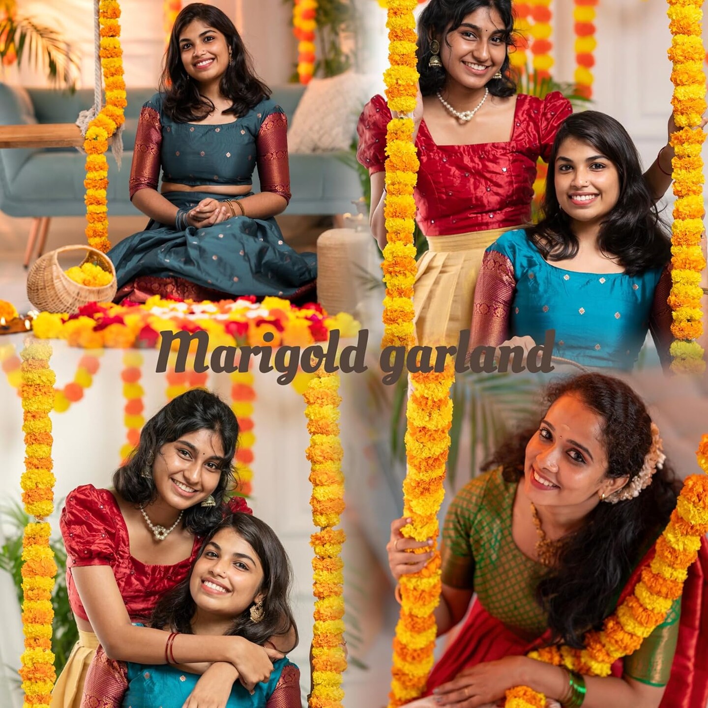 Marigold Garland Diwali Decor Artificial Flowers (Light Orange &#x26; Dark Orange)