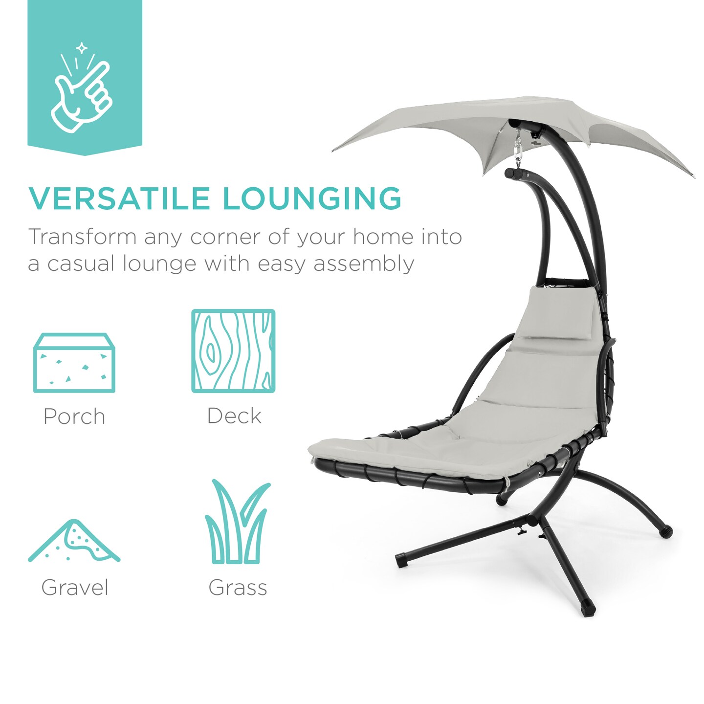 Best Choice Products Hanging Curved Chaise Lounge Chair Swing for Backyard, Patio w/ Pillow, Shade, Stand