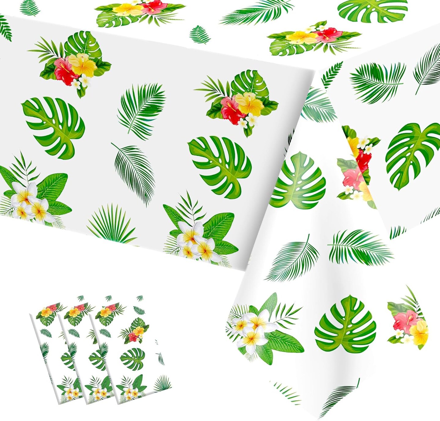 3 PCS Hawaiian Luau Tablecloths Plastic Rectangle Disposable Tropical Palm Leaves Table Cloths 54"x108"
