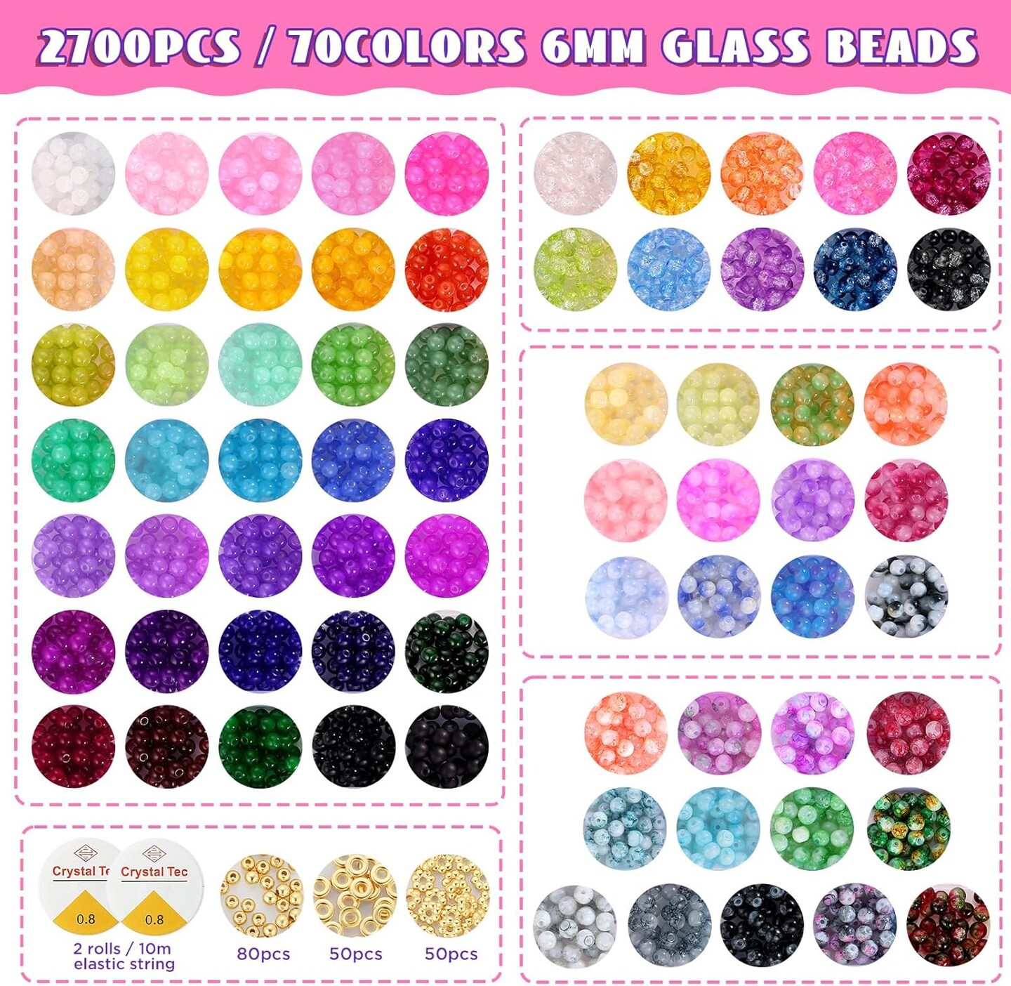 6mm Glass Beads for Bracelets, 2700pcs 70 Colors Crackle Glass Beads