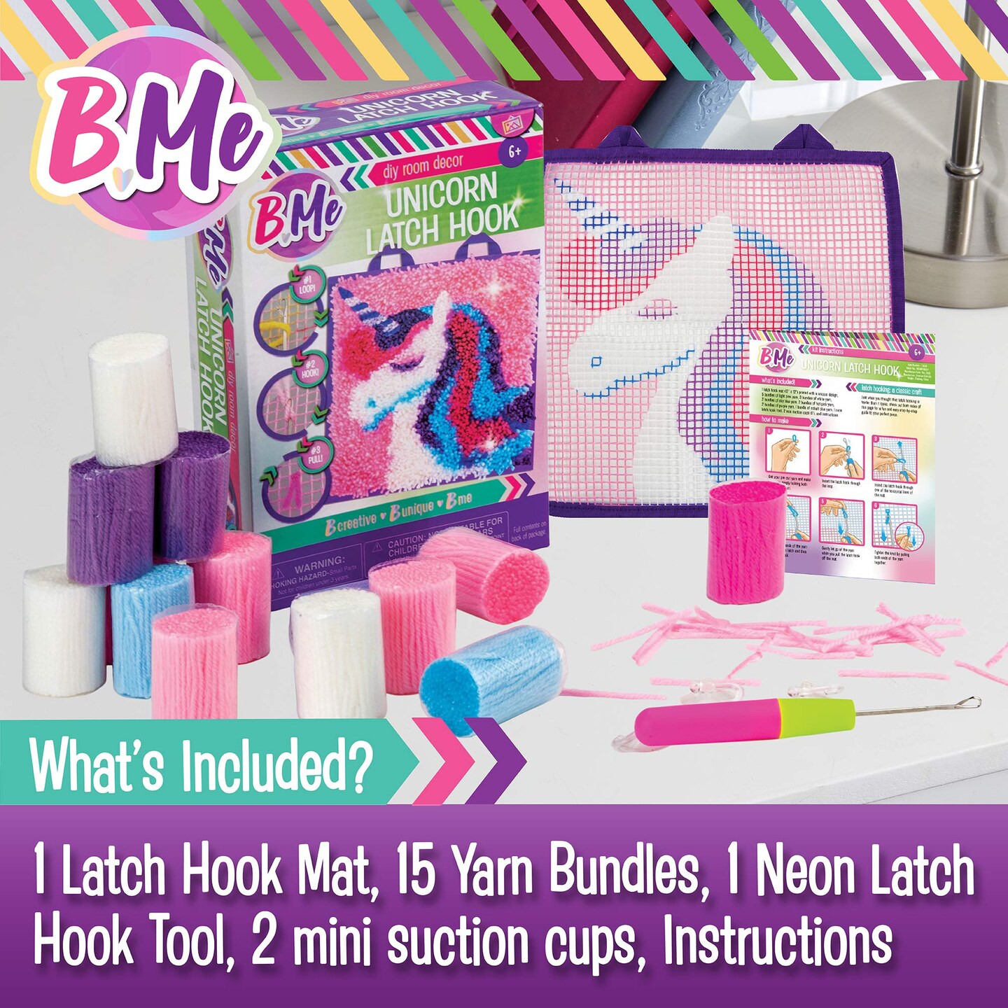 B Me DIY Unicorn Latch Hook Kit for Girls &#x2013; Mini Rug Sewing Set with 15 Colorful Yarn Bundles, Color-Coded Canvas, DIY Grils Bedroom D&#xE9;cor Idea Perfect Birthday &#x26; Gift Age 6+