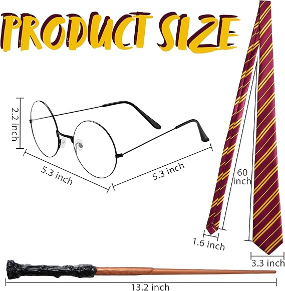 Creations Halloween Witch Costume Accessories Set Included Red and Gold Tie, Nerd Circle Glasses and Wand for Kids and Adults, Halloween Witch Cosplay Dress Up, Halloween Costume Props