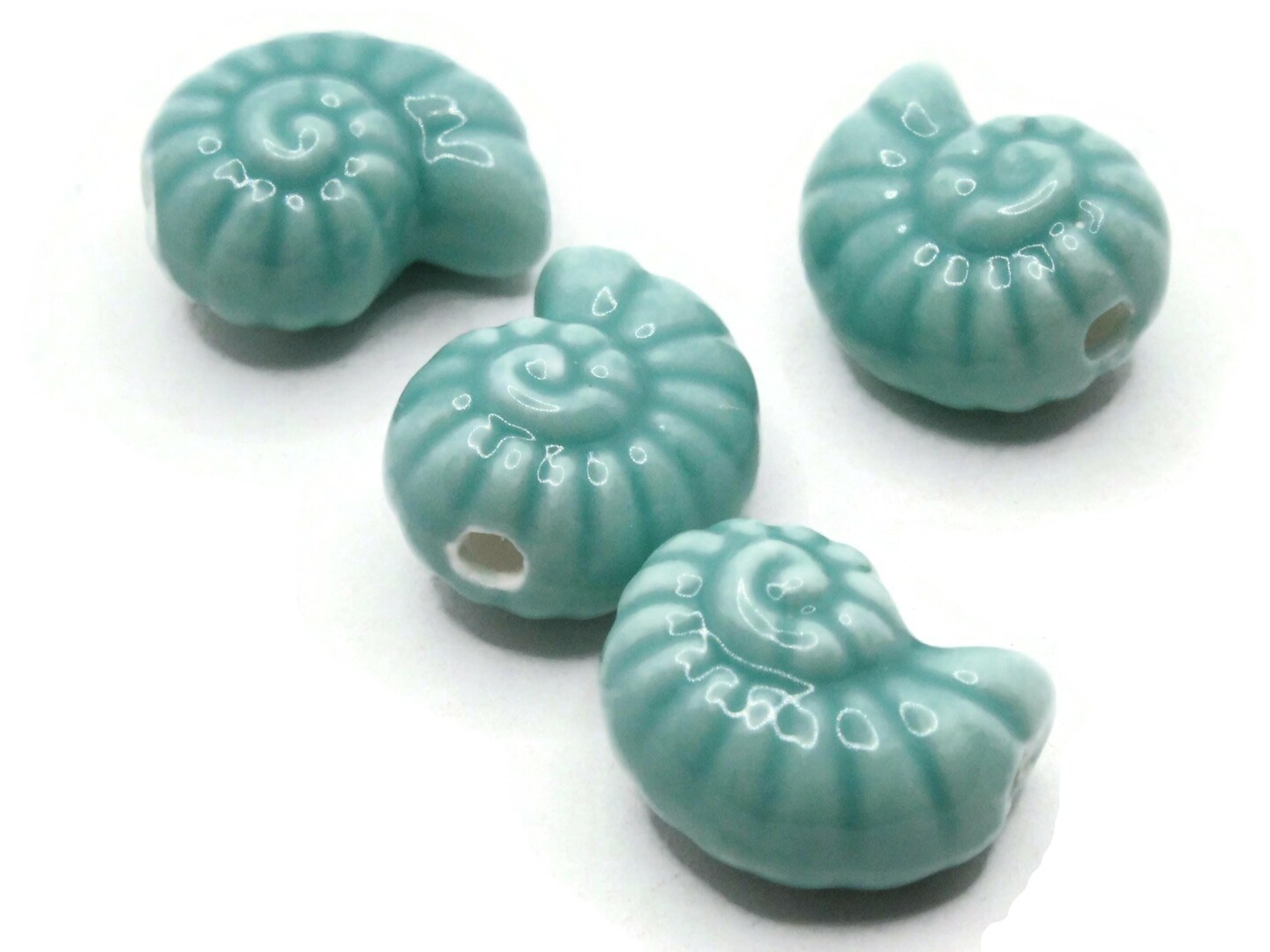 4 14mm Teal Green Porcelain Spiral Seashell Beads