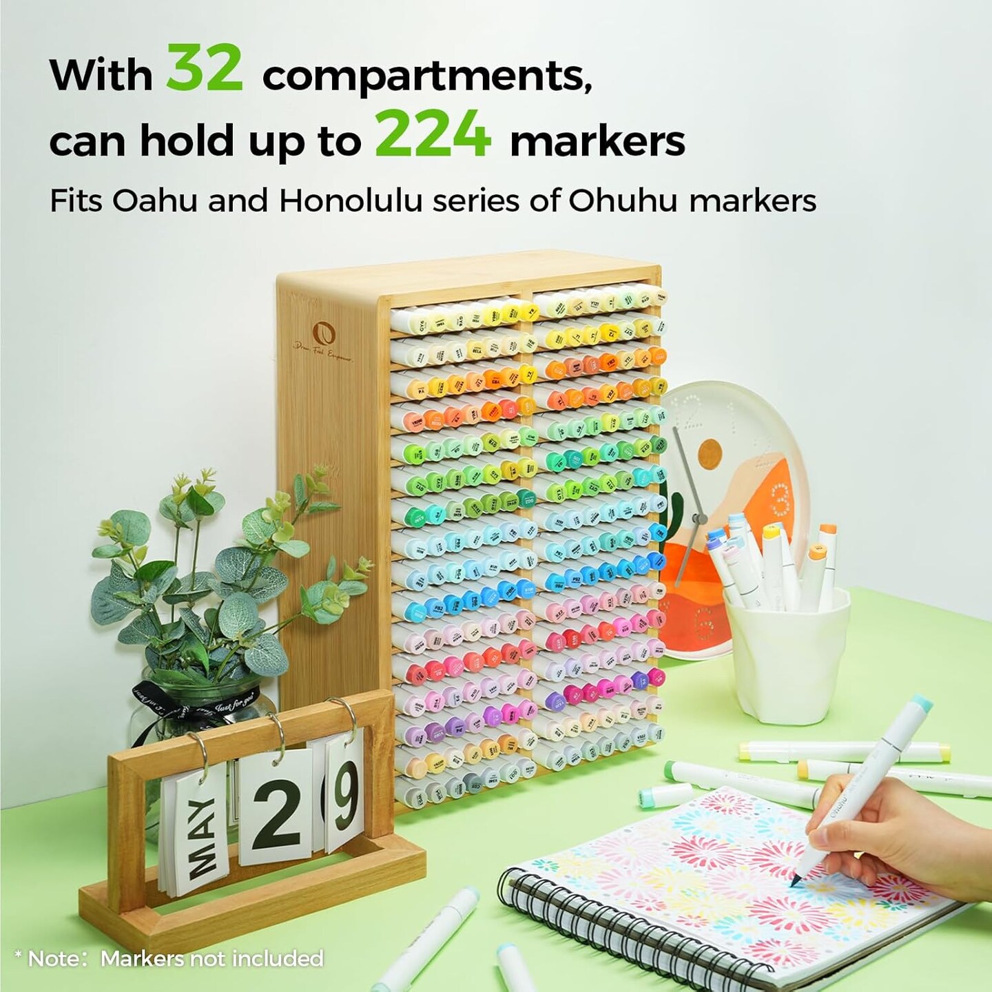 Ohuhu Bamboo Marker Organizer, Desktop Storage Hold 126/ 224 Markers for Honolulu Oahu Series of Ohuhu Markers, Pens Pencils Stationary Organizer Holder with 18/ 32 Compartments for Classroom Office Decor
