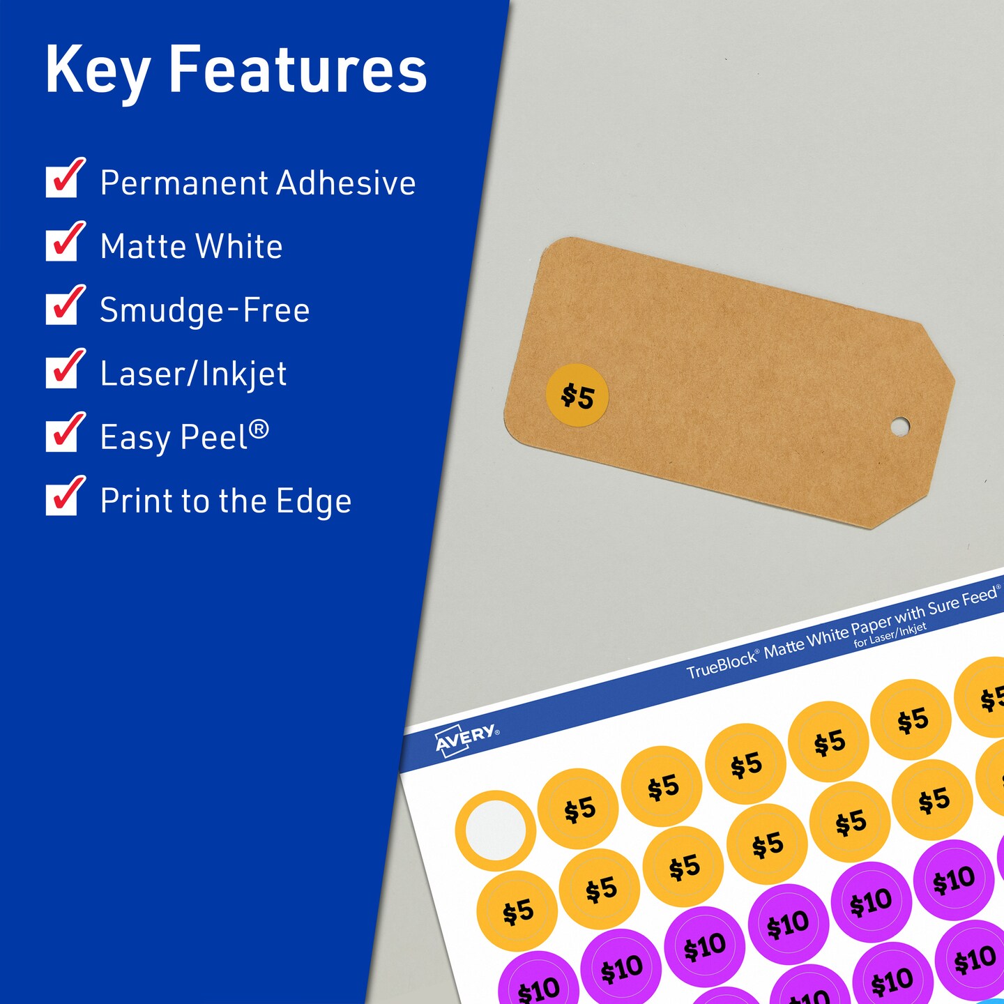 Avery TrueBlock Matte White Paper Labels, 3/4" diameter Round