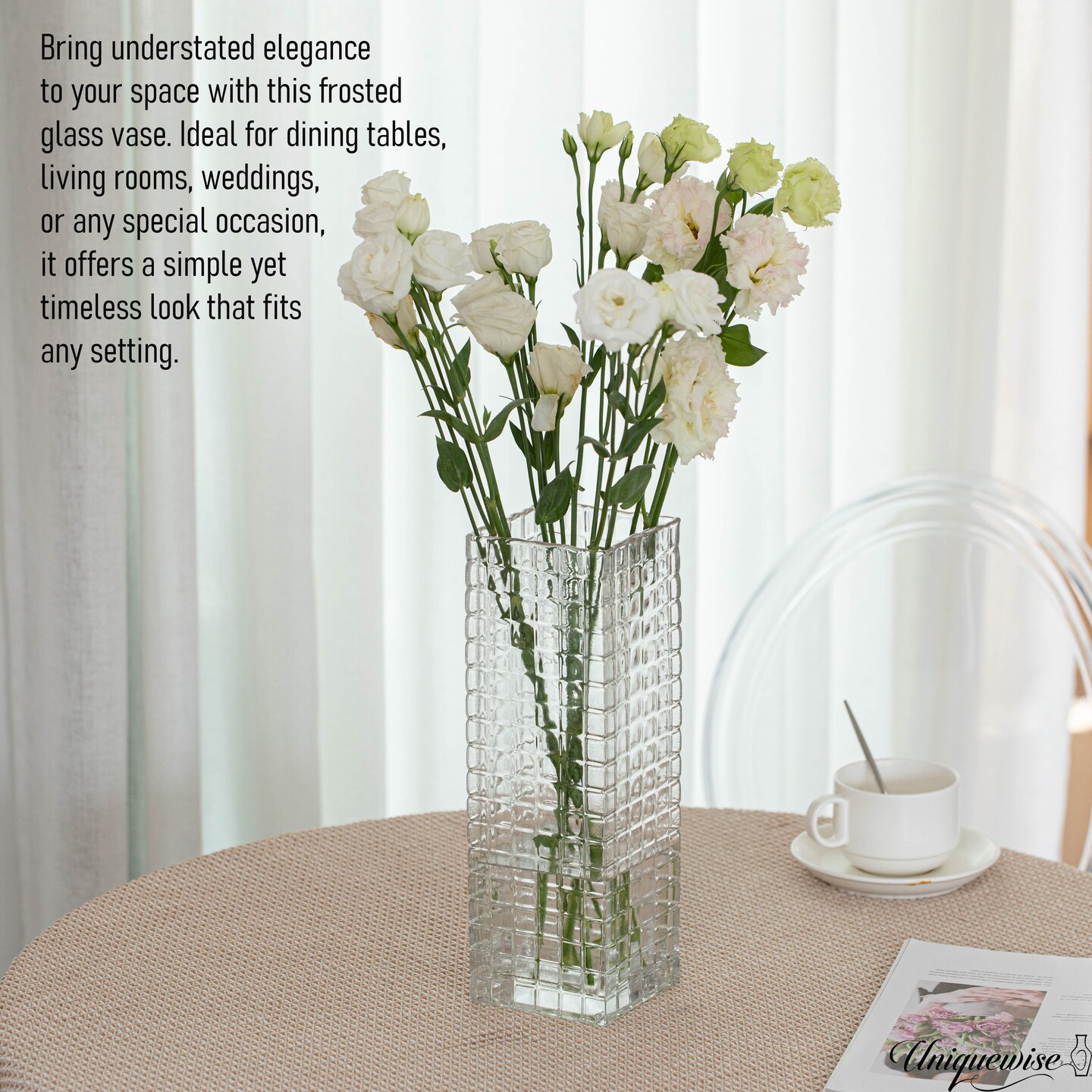 Set of 2 Square Frosted Clear Glass Table Vase - A Timeless Centerpiece for Dining Tables, Living Rooms, Bedrooms, Hotel Reception Areas and Conference Rooms, Ideal for Weddings and Special Occassions