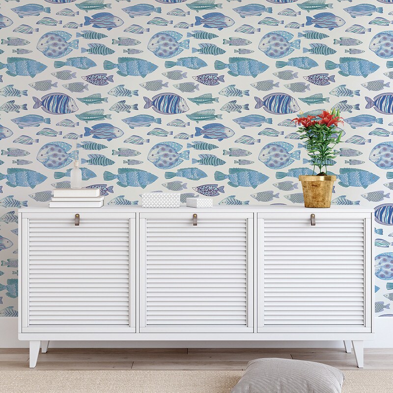 Tempaper Marine Fish Peel and Stick Wallpaper Aqua/White
