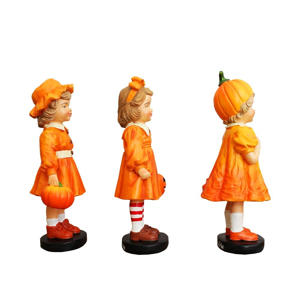 Inviting Pumpkin Girl Trio Set of Figurines, 6&#x22; Victorian Autumn Fall and Halloween Table Decoration