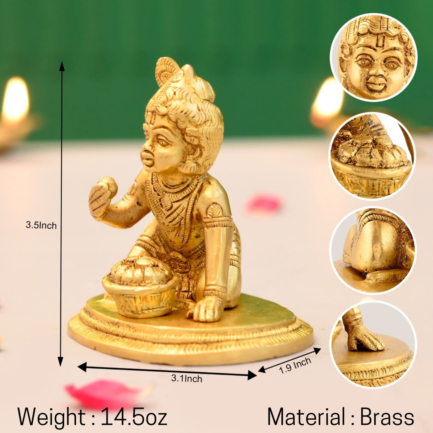 Brass Krishna Laddoo Gopal Kanha Bal Gopal Thakur Ji Makhan Chor Statue Idol Murti Sculpture Figurine for Home Temple Decor - Decorative Showpiece Janmashtami Housewarming Gift (3.5 Inches)
