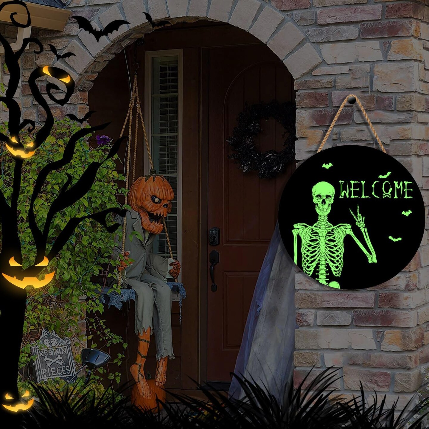 Halloween Door Sign Skull Door Wreath Wooden Spooky Skeleton Welcome Sign Fluorescent Skull Door Hanger Sign Front for Door Porch Wall Decor Indoor Outdoor 12 Inch