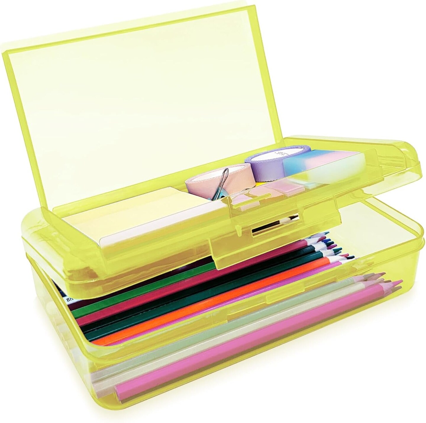 Double Layer Large Capacity Pencil Box,Plastic Translucent Pencil Box, Hard Pencil Cases with Snap-Tight Lid for Pens, Pencils, School Supplies,Office Supplies, 1 Pack