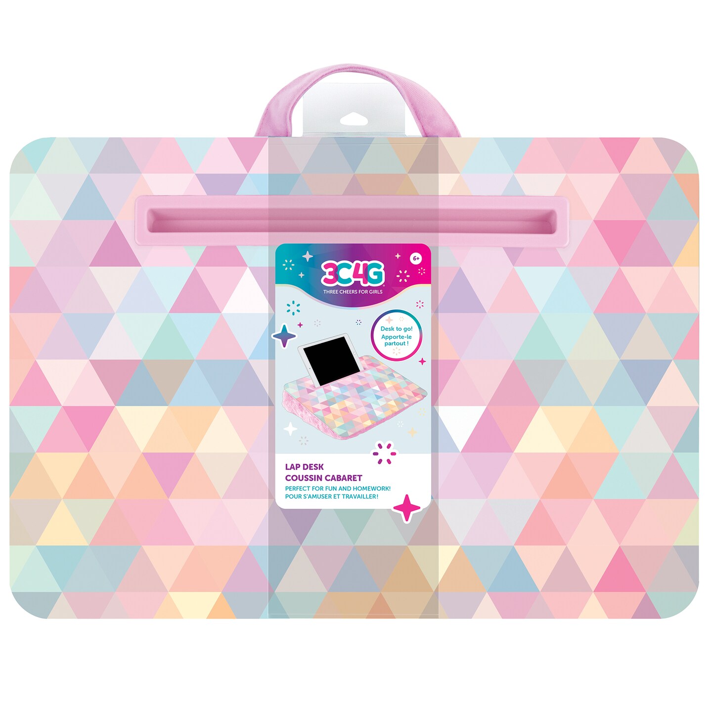 3C4G: Triangle Faux Fur Lap Desk - Pink & Pastels, Make It Real, Tweens & Girls, Portable Lap Pillow Desk W/ Handle, Versatile Media Slot - 12” x 17”, Cozy Plush Cushion, Perfect For Fun & Homework, Three Cheers For Girls, Kids Ages 6+