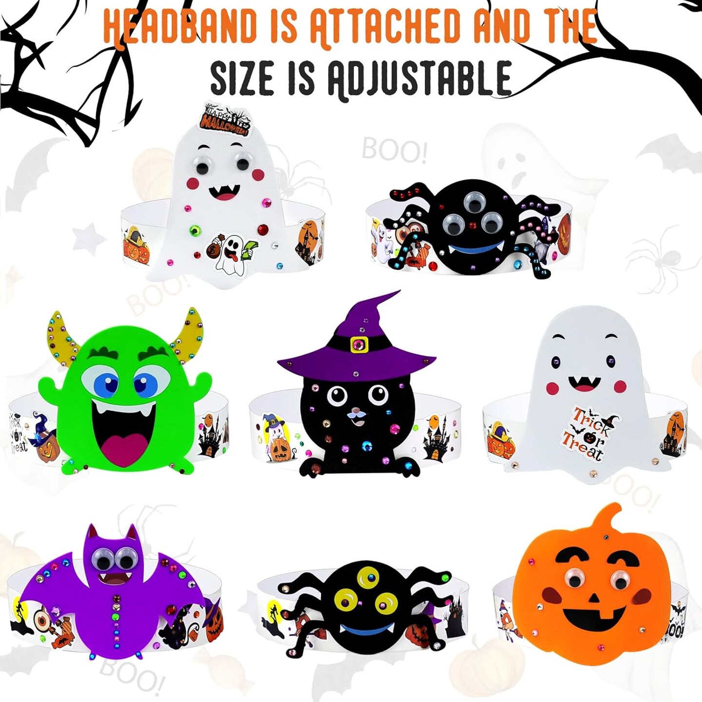 Crown Halloween Headbands Craft Kits Art Set, Pumpkins Ghost Monster Bat Spider Paper Hat with Halloween Foam Stickers for Classroom Activities Party Favors