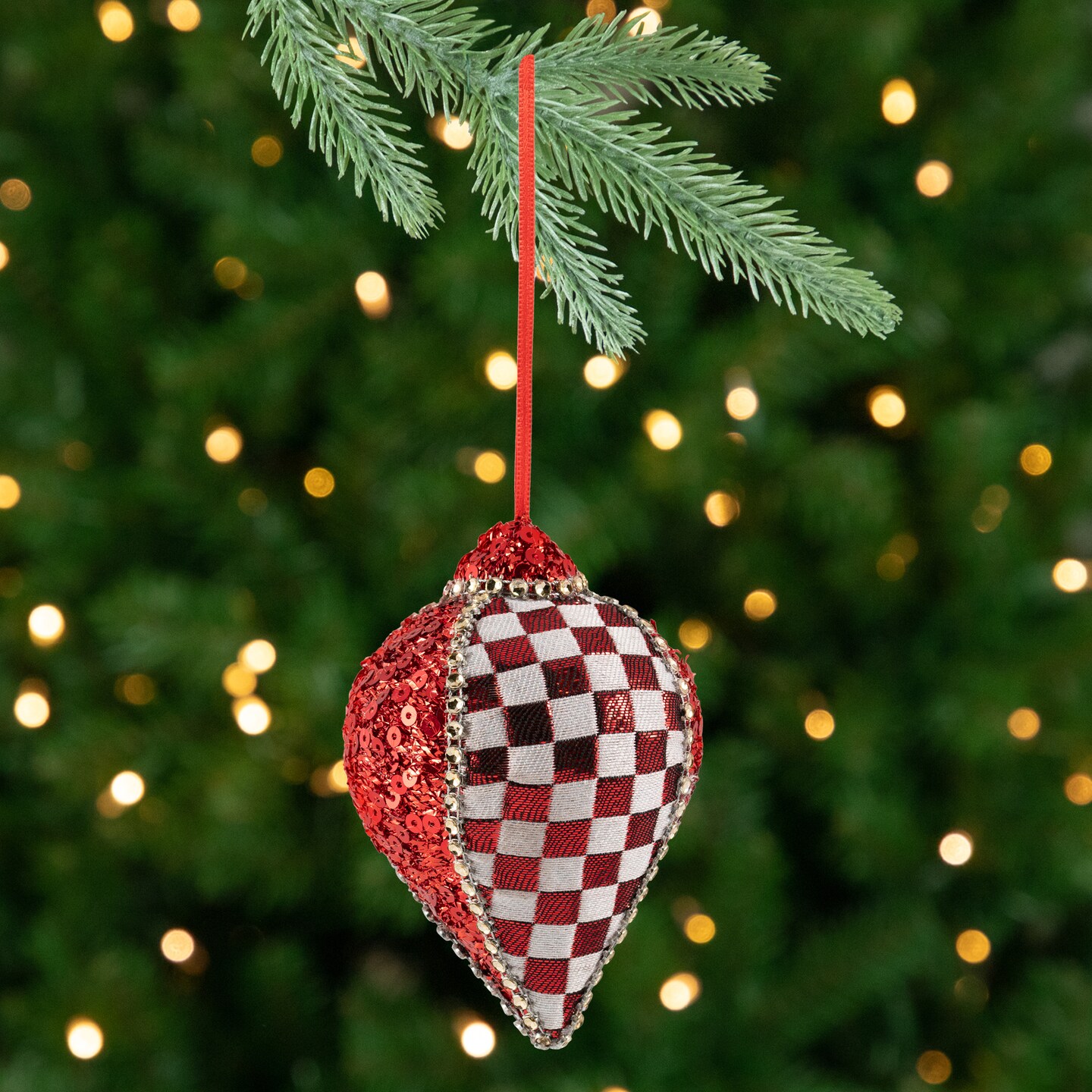 Northlight Sequined and Checkered Teardrop Christmas Ornaments - 4.75&#x22; - Red  - Set of 2