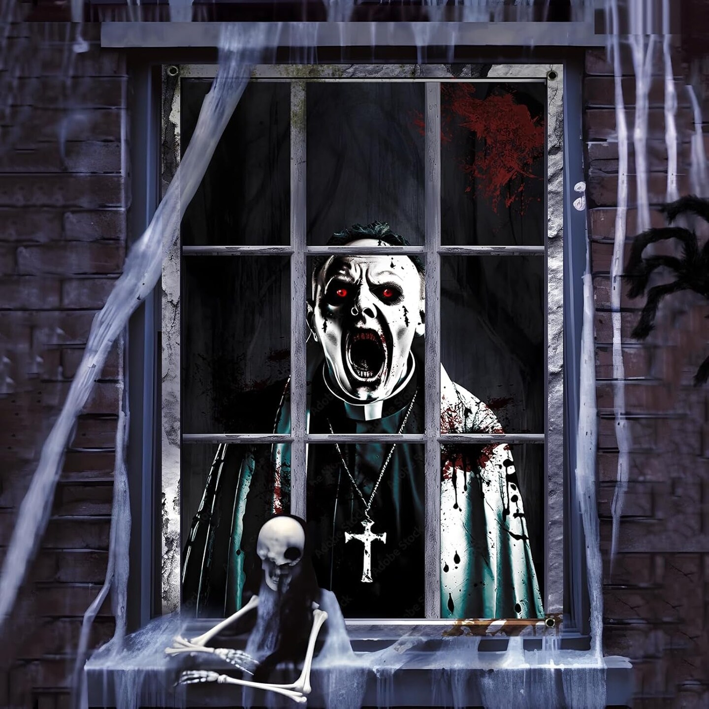 2 Pack Halloween Ghost Curtain Decorations Halloween Window Scary Male Female Blood Ghost Window Cover Halloween Window Poster for Indoor Outdoor Party Decor (Priest Ghost)
