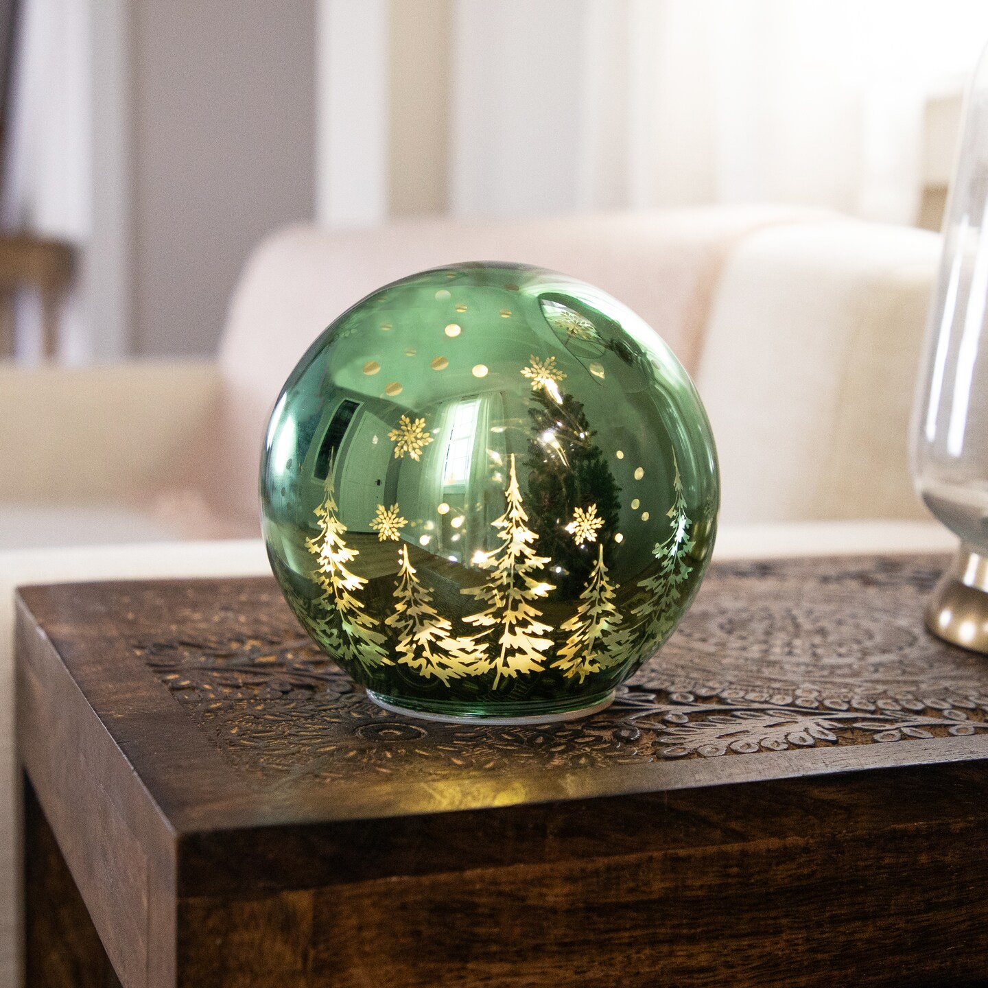 Northlight LED Lighted Pine Trees and Snowflakes Glass Globe Christmas Decoration - 6&#x22;