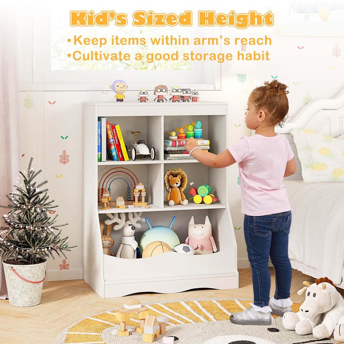 Costway 3-Tier Children&#x27;s Multi-Functional Bookcase Toy Storage Bin Floor Cabinet Gray/White/Natural