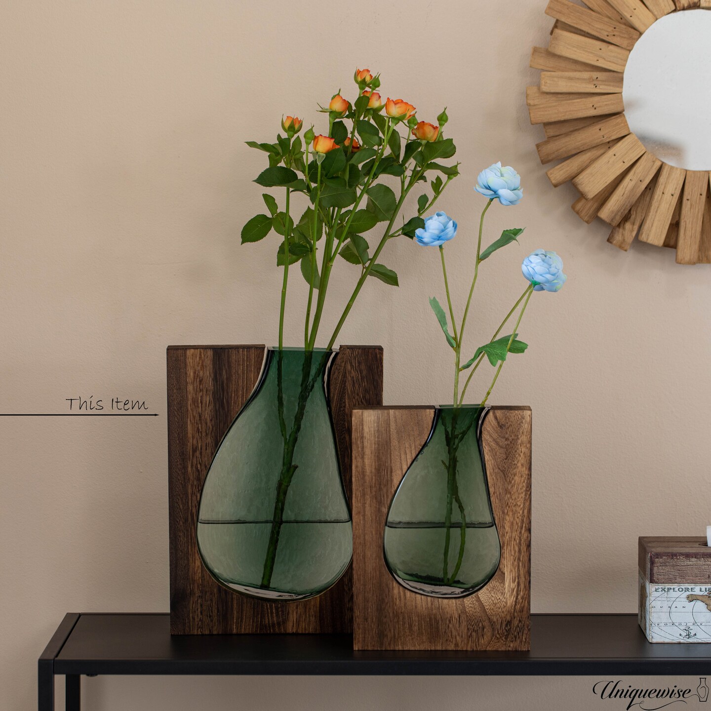 Pair of 10 and 12-Inch Wood and Glass Inlay Vases - Merging the Natural Warmth and Texture of Wood with the Elegance and Color of Glass, Perfect for Enhancing Home Decor, Office Desk and Kitchen Table