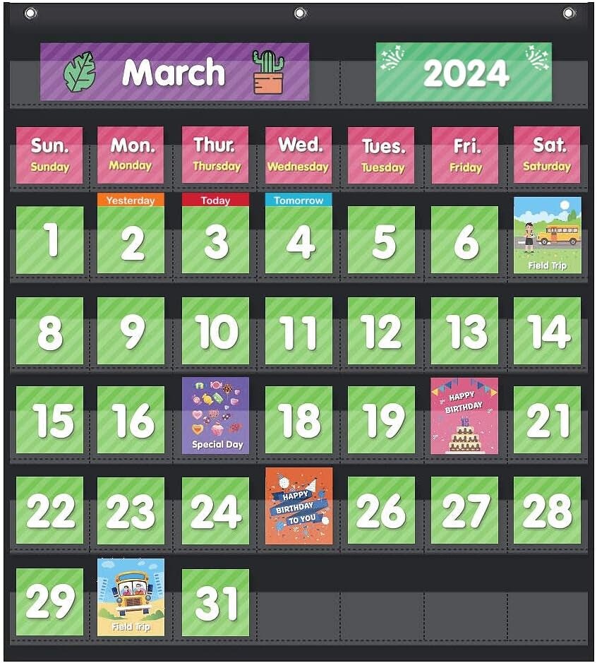 Classroom Monthly Calendar Pocket Chart with 71 Cards for Kids Learning for Home,Homeschool Supplies and Classroom Must Haves!(Black)