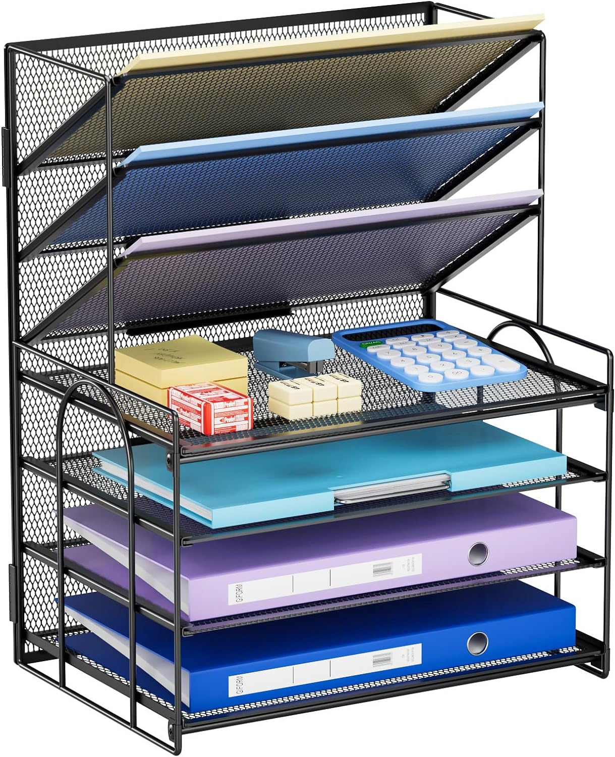 4-Tier Desk Organizer + 3 Pockets File Holder, File Organizer Paper Tray, Mesh Desk Organizers and Accessories, Desktop Organizer for Home Office (Black)