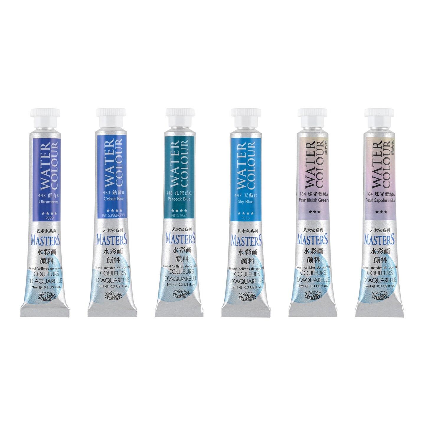 Marie's Masters Quality Watercolor Paint - Blues, 9 mL (Set of 6) - Concentrated Color, Pure Pigments, High Lightfastness Ratings