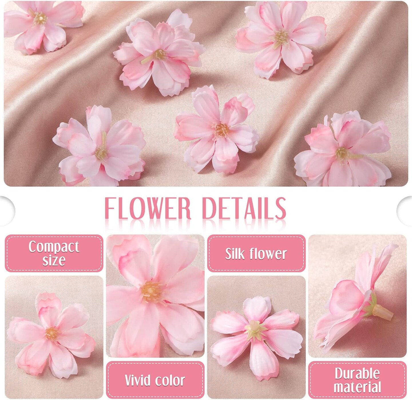 100 Pieces Faux Flower Heads for Crafts Artificial Silk Plum Blossom Heads for Home Room Wedding Party Marriage Car Shoes Hats, 1.8 Inch