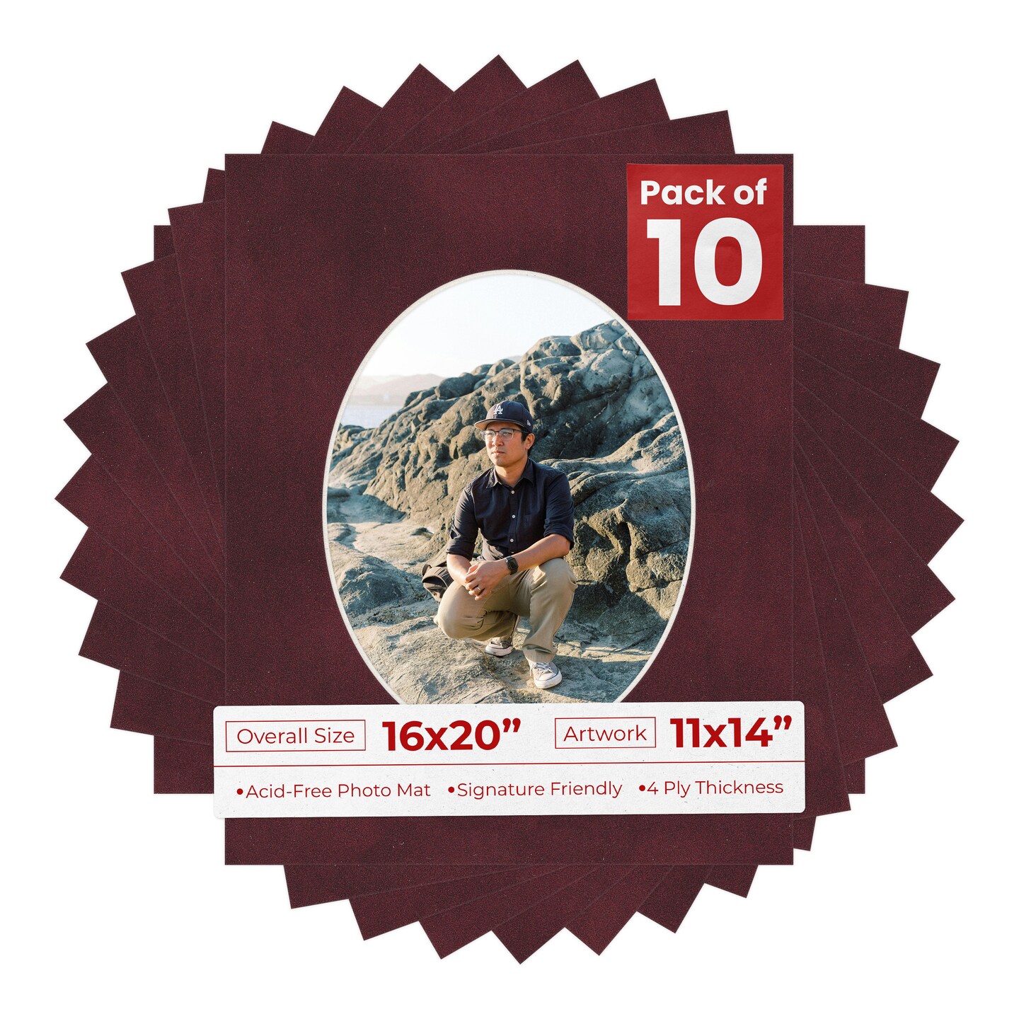 Dark Red Suede Mat Board for 16x20 Frames - Oval Opening for 11x14 Photos