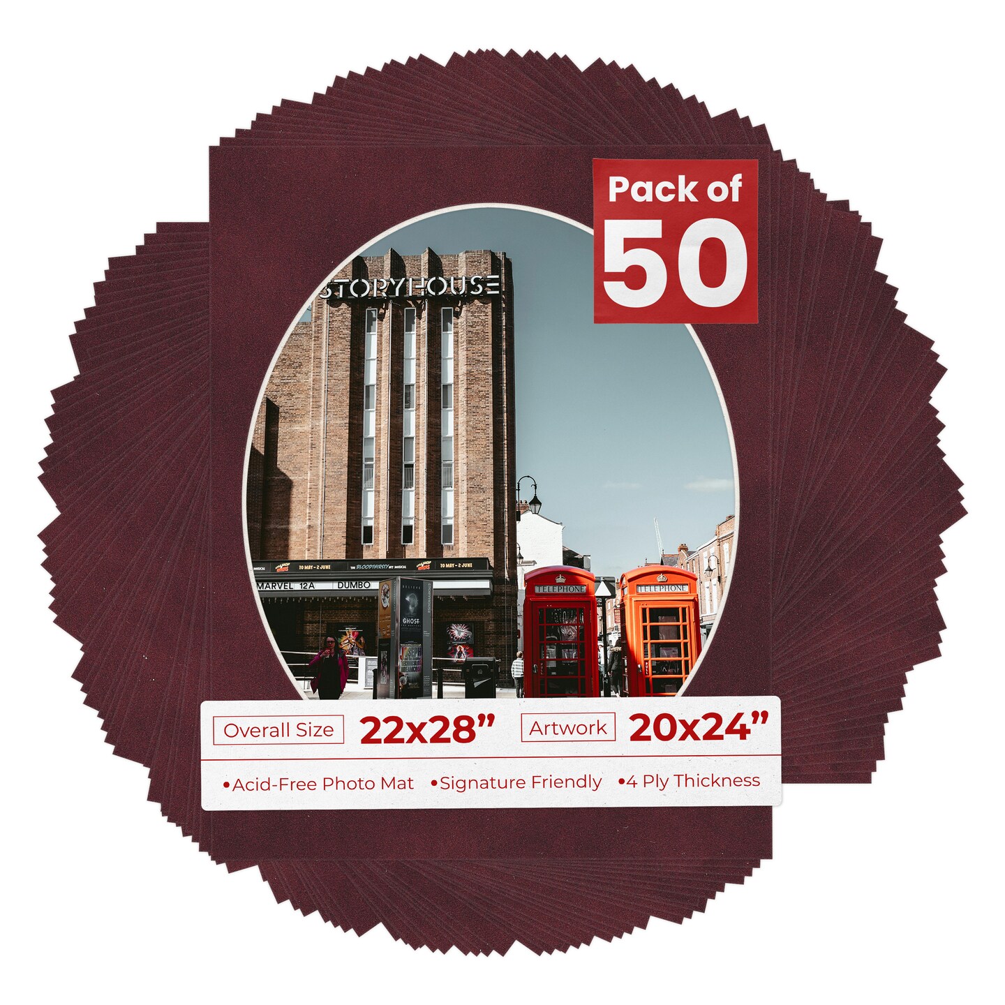 Dark Red Suede Mat Board for 22x28 Frames - Oval Opening for 20x24 Photos