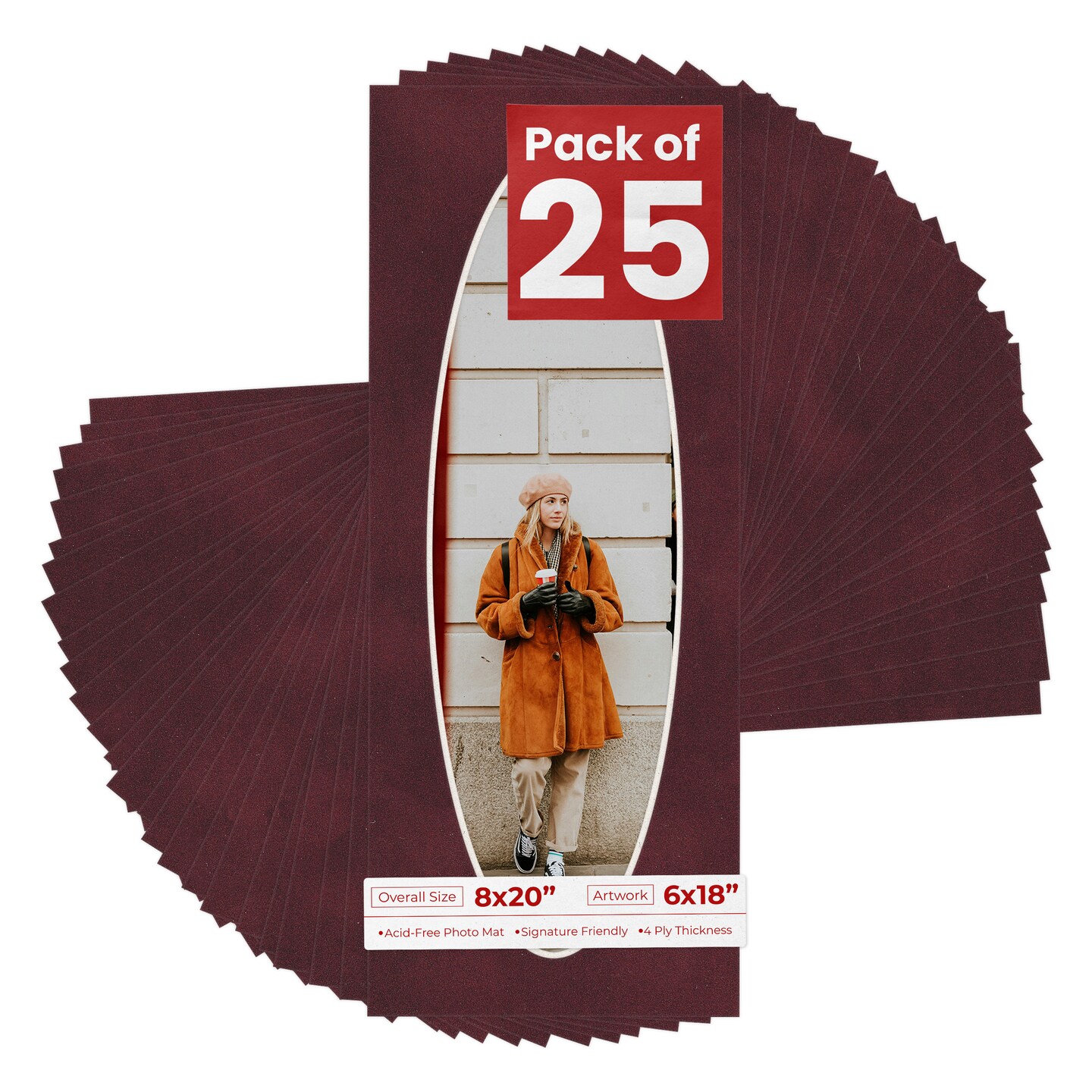 Dark Red Suede Mat Board for 8x20 Frames - Oval Opening for 6x18 Photos