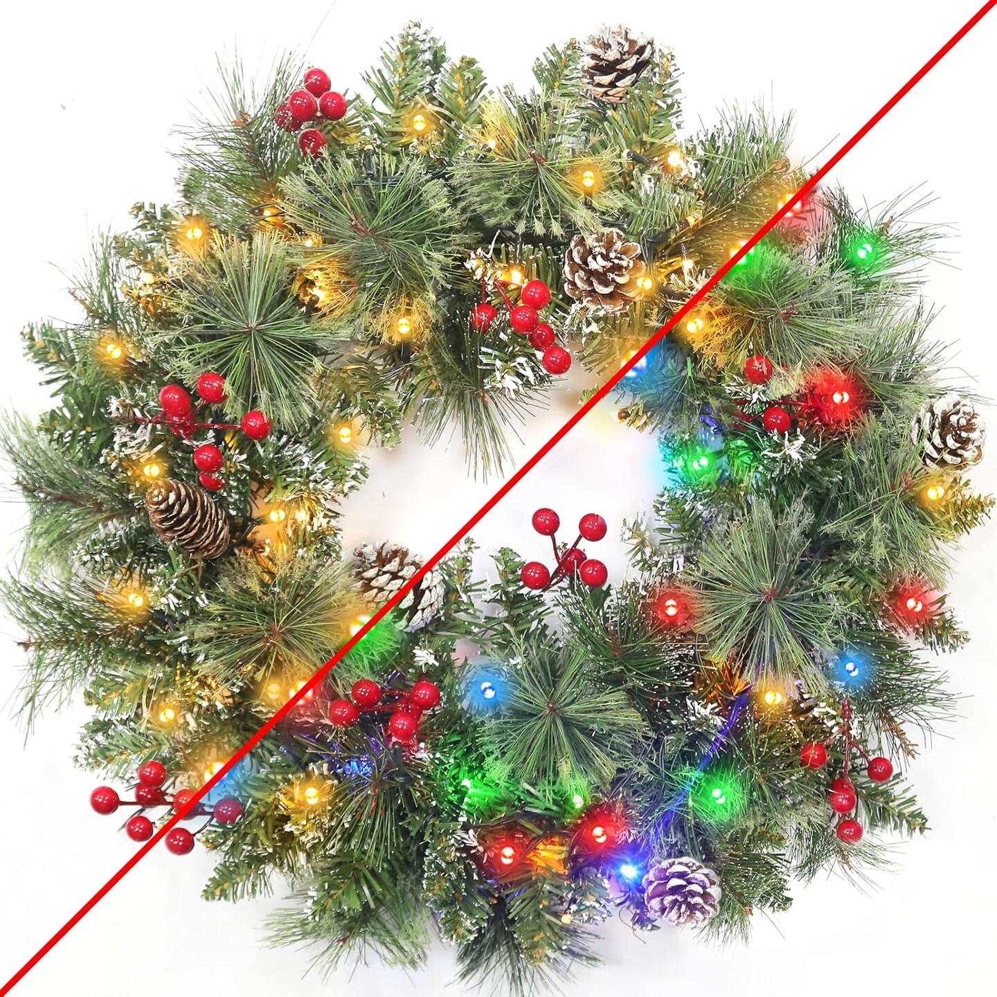 Dual Color Change&Timer-Prelit Christmas Wreaths for Front Door (Green/White) 20"D x 20"W x 4"H