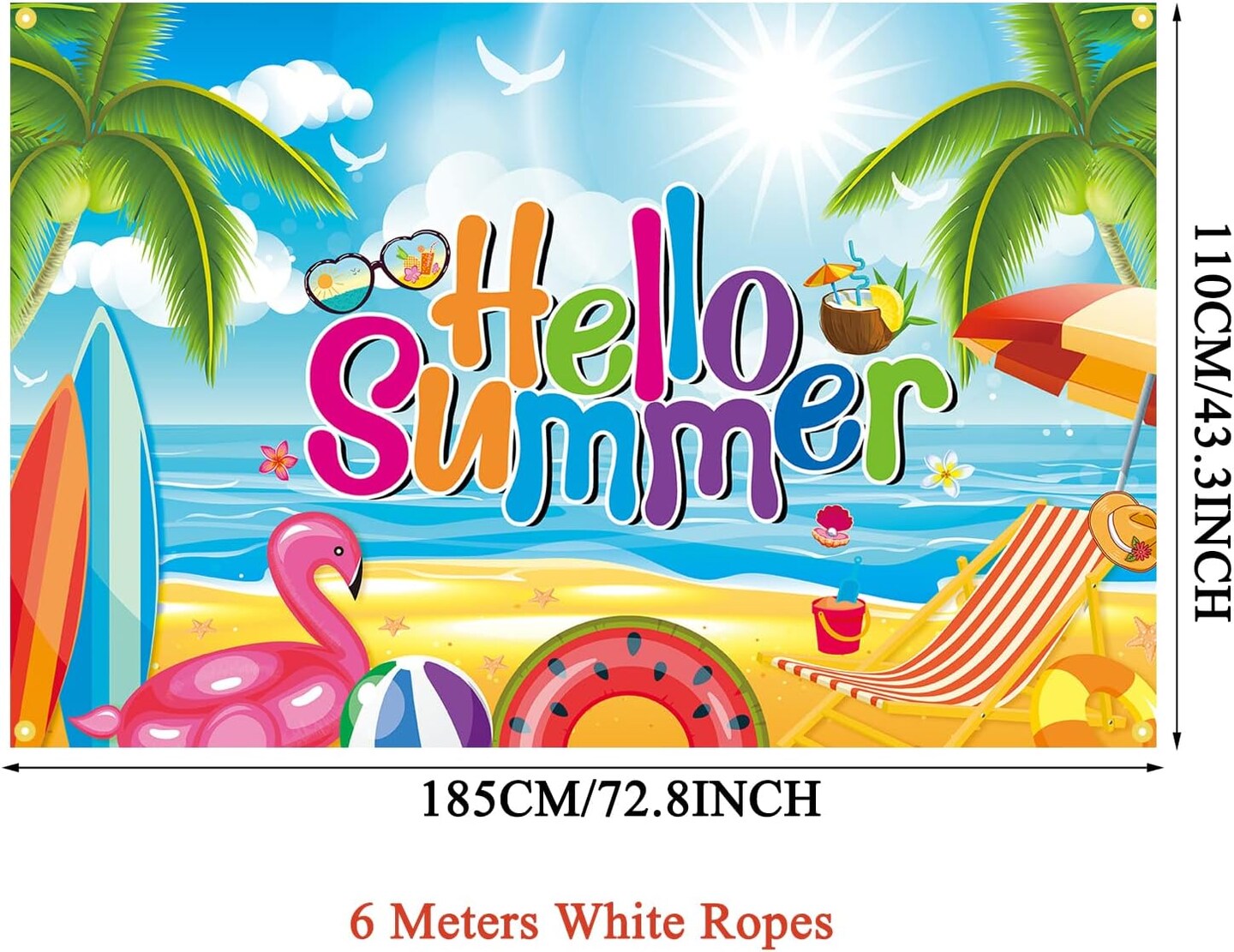 Backdrop Banner for Hello Summer 73 x 43 Inch Large Hawaiian Pool Beach Party Background Banner for Summer Tropical Party Decorations for Summer Holiday Indoor Outdoor Photo Booth Props